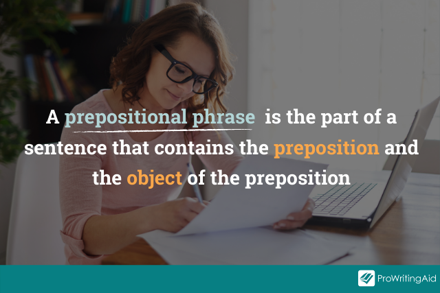 prepositional phrase definition overlaid on image of writer