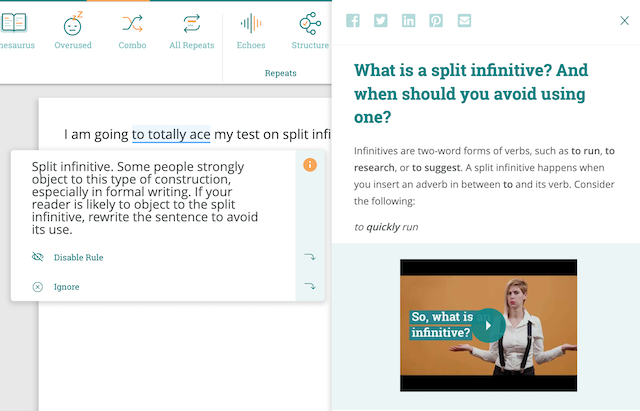 ProWritingAid's Realtime report highlighting split infinitives