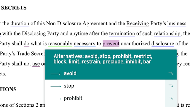 ProWritingAid thesaurus suggestions for 'prevent' with 'avoid' selected